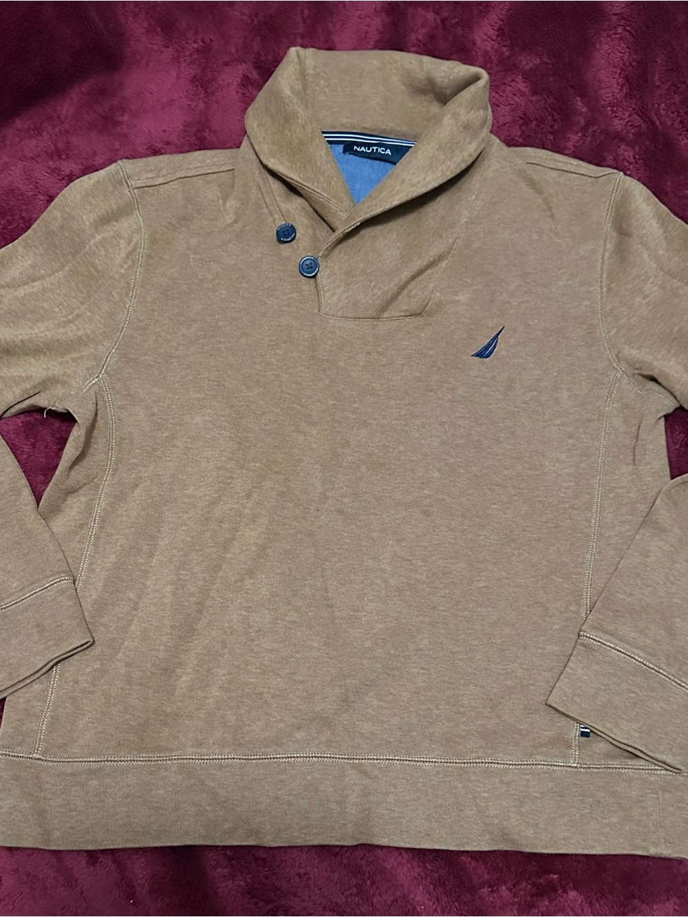 Nautica Men's Tan Shawl-Collar Pullover with Sail Logo